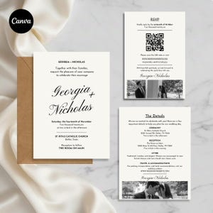 May include: Elegant wedding invitation suite with a classic design. The suite includes an invitation, RSVP card with a QR code, and a details card. The invitation features the names "Georgia + Nicholas" in a stylish font. The suite is on a white background.