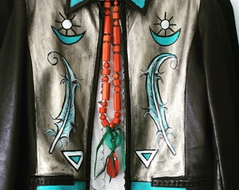 Navajo jacket handpainted leather southwest western Festival clothing  gypsy boho folk native indian size  40 chest