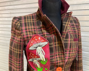 Check jacket plaid pink brown   handpainted mushroom artwear funghi cosplay wearable art fae cottage fairy core  womens chest size 34