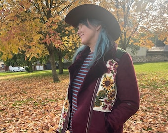 Sunflower needlepoint  aviator biker burgundy wine colour jacket faux fur leather fae fairy  cottage core size 42 chest