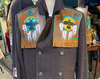 South west western rodeo ranch style handpainted  double breasted pea coat tweed leather fringe  work wear native american size 42 chest