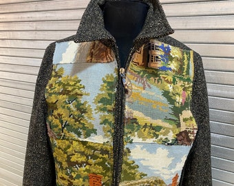 tweed jacket black brown bomber zipper front   needlepoint autumn  scene tweed run   fae cottage fairy core  womens chest size 38