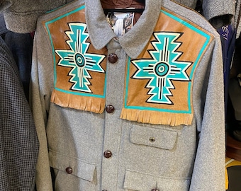 Navajo art western rodeo ranch style handpainted  jacket leather fring  hipster  cowgirl rockabilly work wear  size 40 chest