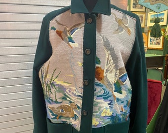 Needlepoint jacket green wool mix sustainable restyled shacket shirt style  fae cottage fairy core  womens chest size 44