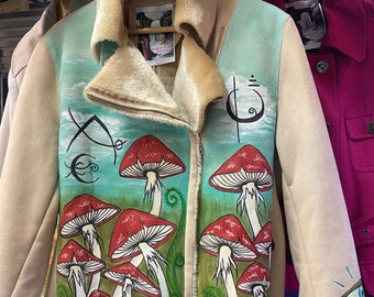 Mushroom art funghi handpainted aviator biker jacket faux fur leather fae fairy  cottage core size 40 chest