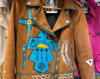 Navajo art western rodeo ranch style handpainted Thunderbird  feather aviator biker jacket faux suede hipster  work wear  size 36 chest