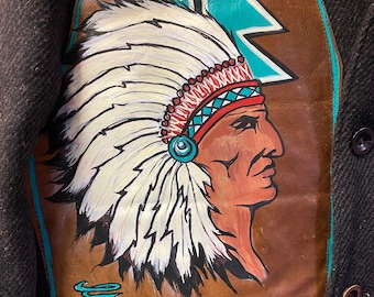 Navajo art western rodeo ranch style handpainted  Indian chief jacket leather native american  cowboy  rockabilly work wear  size 42 chest
