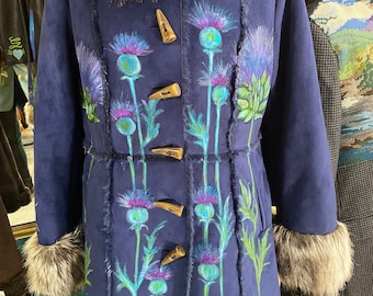 Handpainted coat art wear wildflowers Scottish thistle art wear fashion fae cottage core indigo blue faux fur suede  womens chest size 42