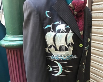 Gothic jacket ghost galleon sustainable clothing handpainted psychic eye anchor sailor pirate meme size 40 chest