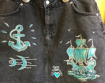 Denim mini skirt grey handpainted art fashion sustainable clothing galleon ship anchor sailor gothic festival style womens size 16