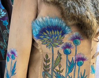 Handpainted jacket art wear wildflowers Scottish thistle art wear fashion  fae cottage fairy core faux fur suede  womens chest size 42