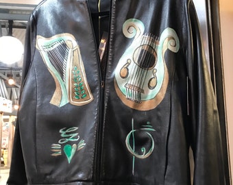 Harp jacket lyre bolero bomber zipper black leather handpainted art fashion wearable art musician rock chick size 38 chest