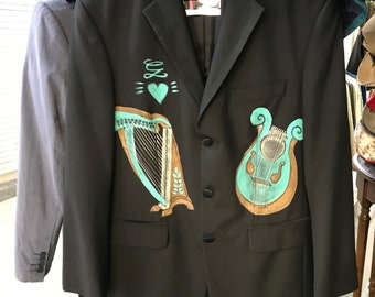 Musician coat gothic tux dinner jacket handpainted harp orchestra hipster rockstar  art fashion film movie theatre prop chest size 38