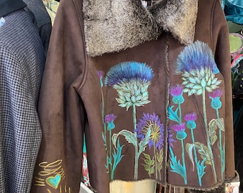 Handpainted jacket art wear wildflowers Scottish thistle art wear fashion  fae cottage fairy core faux fur suede  womens chest size 40