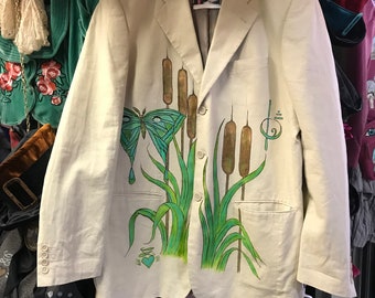 Luna moth bullrushs handpainted fae blazer linen jacket movie film theatre prop designer art fashion wear mens size 42 chest