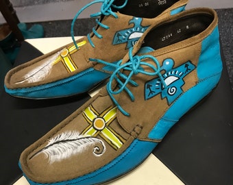 Navajo native Indian style handpainted lace up moccasins feather symbols Thunderbird sun turquoise film theatre prop mens size 8 uk 42 Eu