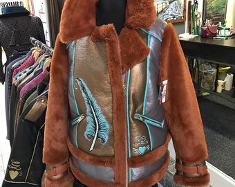 Navajo Indian Handpainted faux leather fur jacket silver bronze tan feather biker aviator style 40 chest unisex