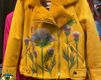 Handpainted jacket art wear wildflowers Scottish thistle art wear fashion  fae cottage fairy core faux fur yellow suede womens chest size 36