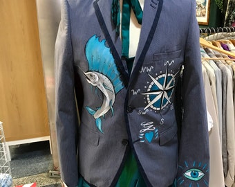 Swordfish art handpainted jacket compass marlin fisherman nautical marine life compass sailor designer art fashion chest size 38