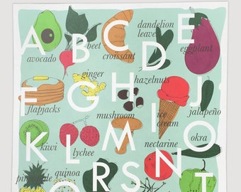 Baby Nursery Kitchen Decor Art Print Alphabet Foodie Print