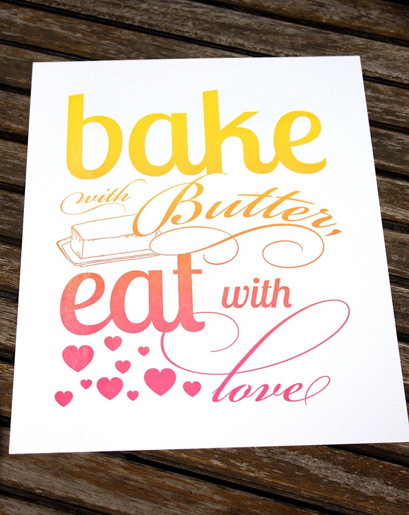 Bake with Butter Letterpress Kitchen Print- Rainbow Colors Foodie Art