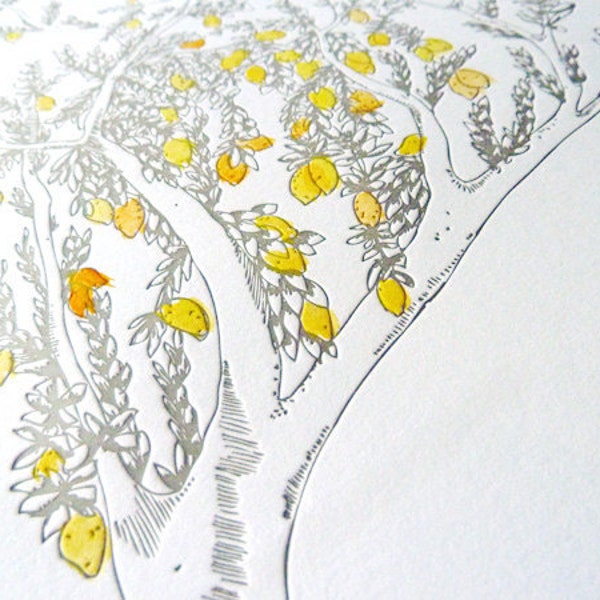 Lemon Tree Letterpress & Watercolor Print- Kitchen Art