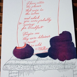 Letterpress & Silkscreen Plums Kitchen Print-William Carlos Williams Poem Foodie Quotes image 1