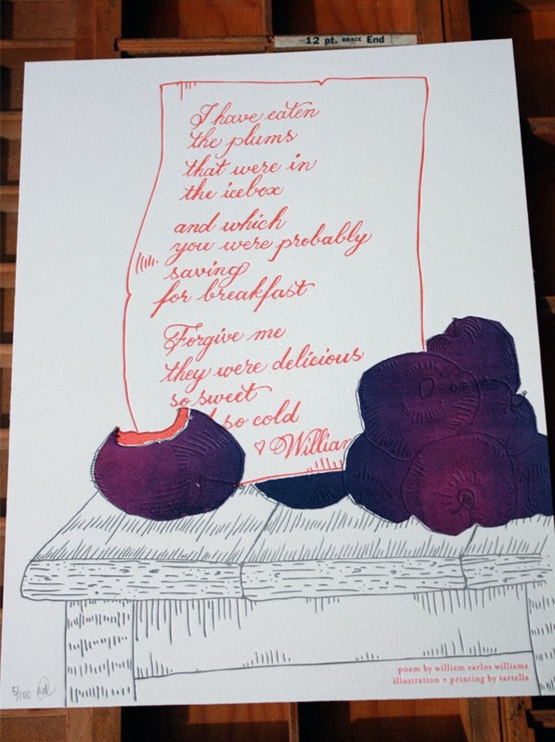 Letterpress & Silkscreen Plums Kitchen Print-William Carlos Williams Poem Foodie Quotes image 1