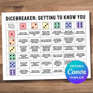 May include: A printable dicebreaker game with the title "Dicebreaker: Getting to Know You". The game features 36 questions to help people get to know each other. The questions are organized in a grid with six rows and six columns. Each row has a different color and each column has a different number of dice. The game is designed to be played with two or more people.