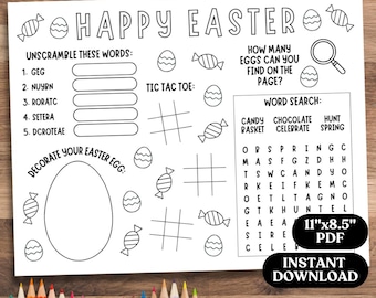 Easter Activity Placemat, Easter Coloring Placemat, Printable Easter Placemat Kid, Kids Easter Craft Activity, Placemat Easter Coloring Page