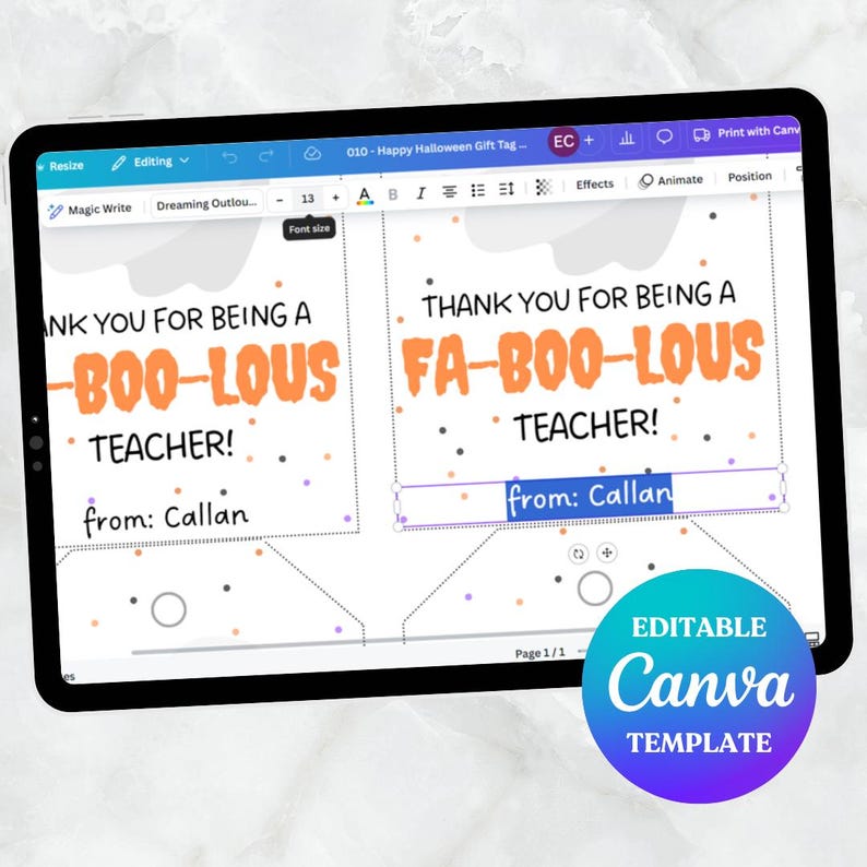 Faboolous Teacher Halloween Tag, Halloween Teacher Tag, Editable