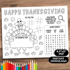 Thanksgiving Activity Placemat Printable, Thanksgiving Coloring Placemat, Thanksgiving Classroom Activity Mat, Thanksgiving Placemat for Kid