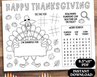 Thanksgiving Activity Placemat Printable, Thanksgiving Coloring Placemat, Thanksgiving Classroom Activity Mat, Thanksgiving Placemat for Kid