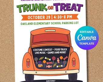 Edytowalny szablon ulotki „Trunk or Treat”, plakat „Trunk or Treat” na Halloween, sąsiad szkoły z kościołem na imprezę „Trunk or Treat”, zaproszenie na imprezę „Halloween”