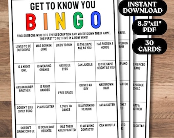 Bingo para conocerse, Bingo para compañeros de trabajo, Actividad para romper el hielo, Bingo para encontrar a alguien, Tarjetas de bingo para romper el hielo, Bingo para conocerse imprimible