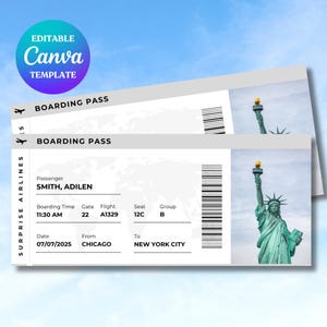 Printable Custom Boarding Pass, Editable Boarding Pass Gift, Surprise Trip Reveal, Personalized Airline Ticket Gift, Vacation Surprise Gift