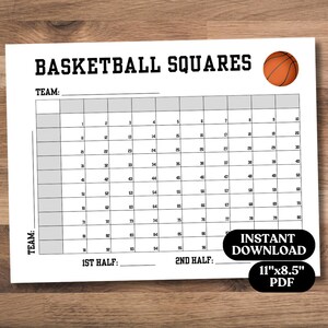May include: A printable basketball squares game sheet with two team sections, a basketball graphic, and the text "BASKETBALL SQUARES", "TEAM:", "1ST HALF:", "2ND HALF:", "INSTANT DOWNLOAD", and "11"x8.5" PDF".