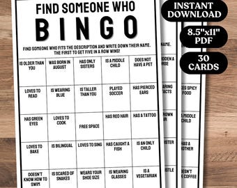 Bingo para encontrar a alguien, Bingo para conocerte, Actividad imprimible para romper el hielo, Bingo para compañeros de trabajo, Tarjetas imprimibles para romper el hielo, Bingo humano