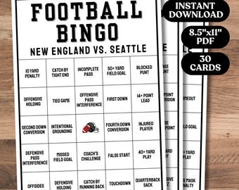Football Bingo, 30 Unique Printable Football Bingo Cards, Super Big Game Party Game, Printable Big Game Bingo Cards, Football Party Activity