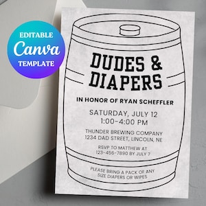 Editable Dudes and Diapers Invitation Template: Guy Baby Shower, Diapers and Wipes Party For Men (Digital Download, 5x7 Canva Template)
