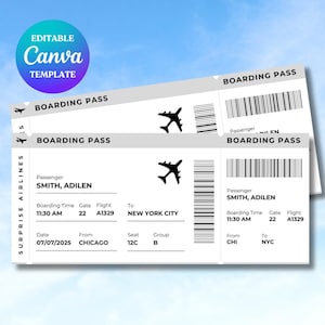 Cartão de embarque editável presente, bilhete de avião personalizado presente, viagem surpresa revelação, presente surpresa de férias, cartão de embarque personalizado para impressão