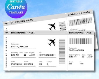 Tarjeta de embarque editable como regalo, boleto de avión personalizado como regalo, revelación de viaje sorpresa, regalo sorpresa de vacaciones, tarjeta de embarque personalizada para imprimir