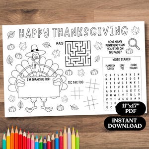Thanksgiving Activity Placemat Printable, Thanksgiving Coloring Placemat for Kid, Thanksgiving Classroom Activity Mat, Thankful Activity Kid