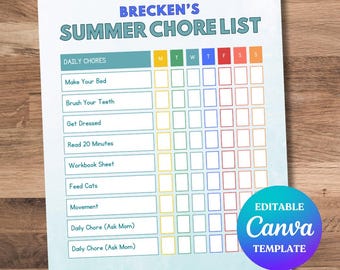 Editable Kids Summer Chore List Template, Editable Child Chore Chart, Kids Chore List, Kids Daily Checklist, Summer Checklist, Boys Chores