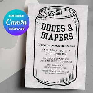 Editable Dudes and Diapers Baby Shower Invitation Template For Men, Guys Diaper and Wipes Shower, Drinks and Diapers Invite, Guy Baby Shower