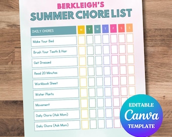 Editable Kids Summer Chore List Template, Editable Chore Chart, Child Chore Chart, Kids Chore List, Kids Daily Checklist, Summer Checklist
