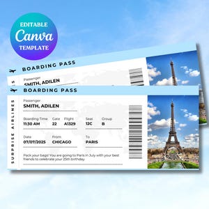 Editable Boarding Pass Gift, Personalized Airline Ticket Gift, Surprise Trip Reveal, Vacation Surprise Gift, Printable Custom Boarding Pass