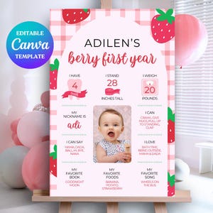 Modèle de planche d'étape importante de premier anniversaire de baie, planche d'étape importante de fraise 1er anniversaire de bébé, signe d'étape de baie, carte de première année de ma baie