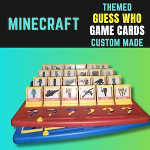 Könnte beinhalten: Ein maßgeschneidertes Minecraft-Themen-Wer-bin-ich-Spiel. Das Spiel hat eine rote Basis mit gelben Fragezeichen und einen blauen Boden. Die Spielkarten zeigen verschiedene Minecraft-Charaktere.