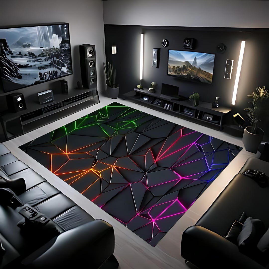 3D Neon Rug, Geometric Rug, Non Slip Rug, Gaming Room Rug, Kids Room ...